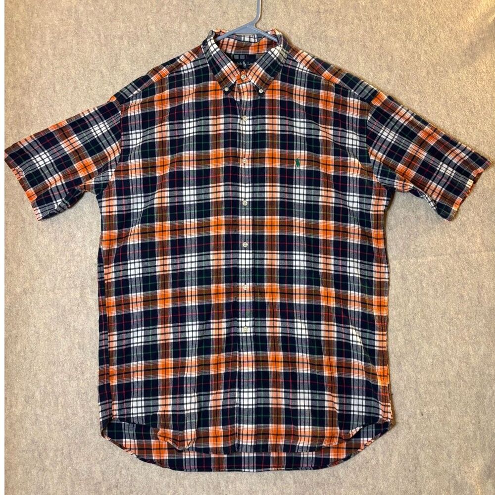 Vintage Ralph Lauren Blake Mens XL Short Sleeve Plaid Shirt Navy Orange